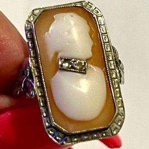 Vintage Ladies Cameo 14k White Gold Filigree Ring Bust w/ Diamonds Size 5.5